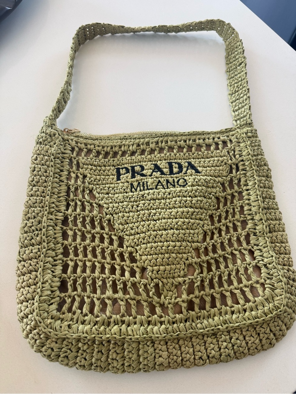 Prada Olive Crochet Shoulder Bag with Embroidered Logo